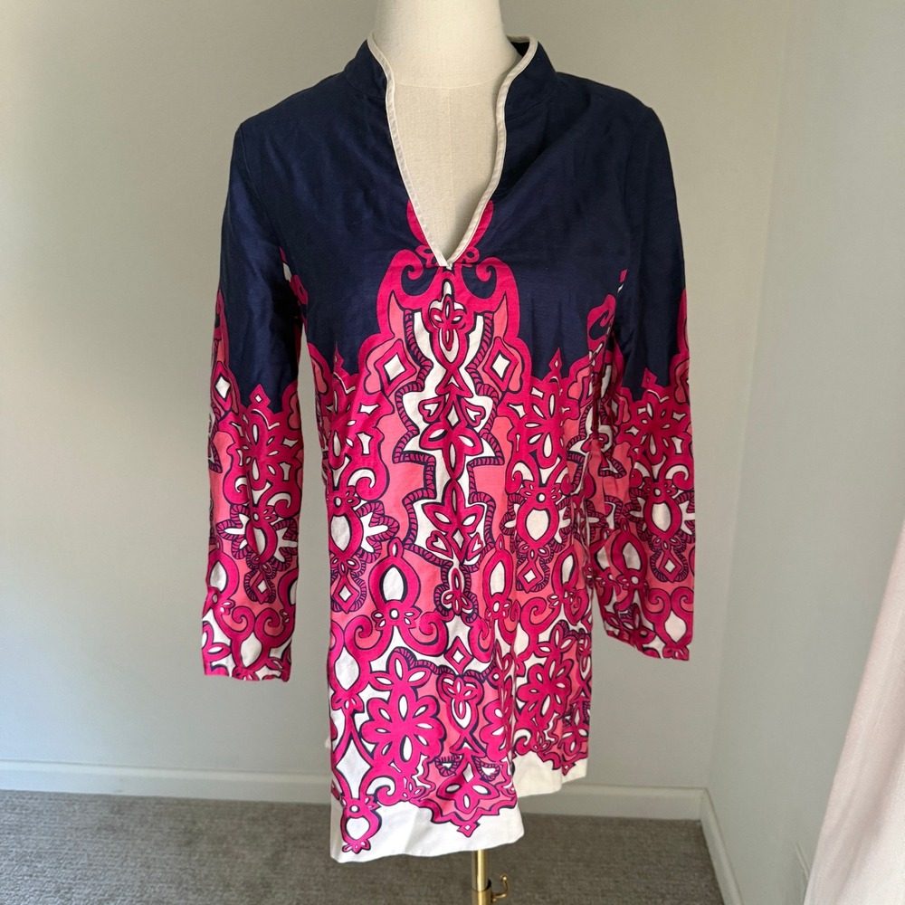 Lilly Pulitzer Ciara Navy Pink Geometric Print Tunic Dress Shirt Size Medium‎